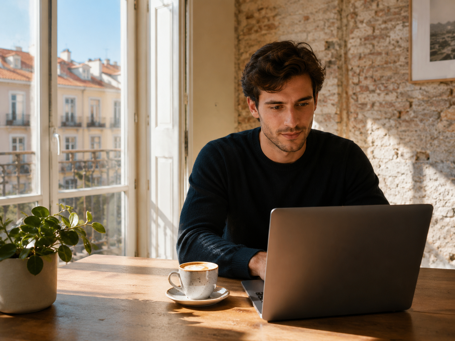 A European fintech operator working from a sunlit apartment
